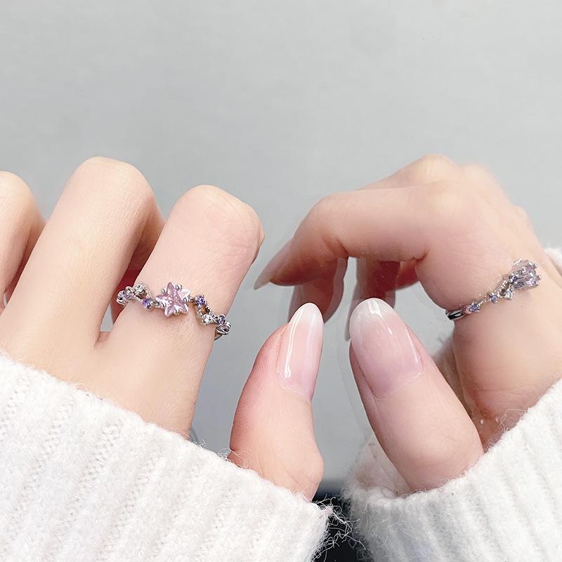 

Pink Series Bow Full Diamond Zir*****Pen Ring Flower Light Luxury High-End Niche Design Ring Adjustable opening