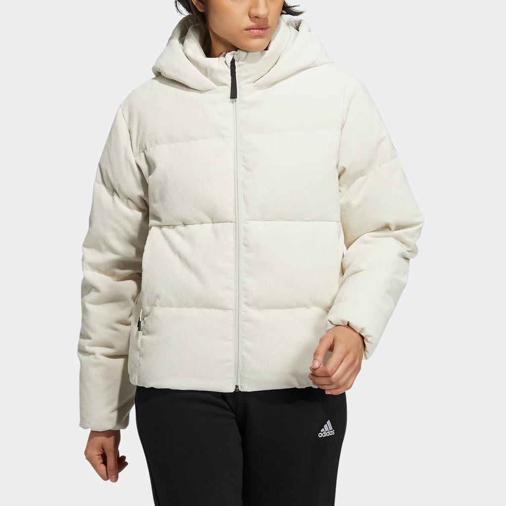 Adidas Womens Cord Down Jacket Solid Color Brand Logo Print Zipper Pocket Detail Hooded Down Jacket Women Jacket Off-White HN2112