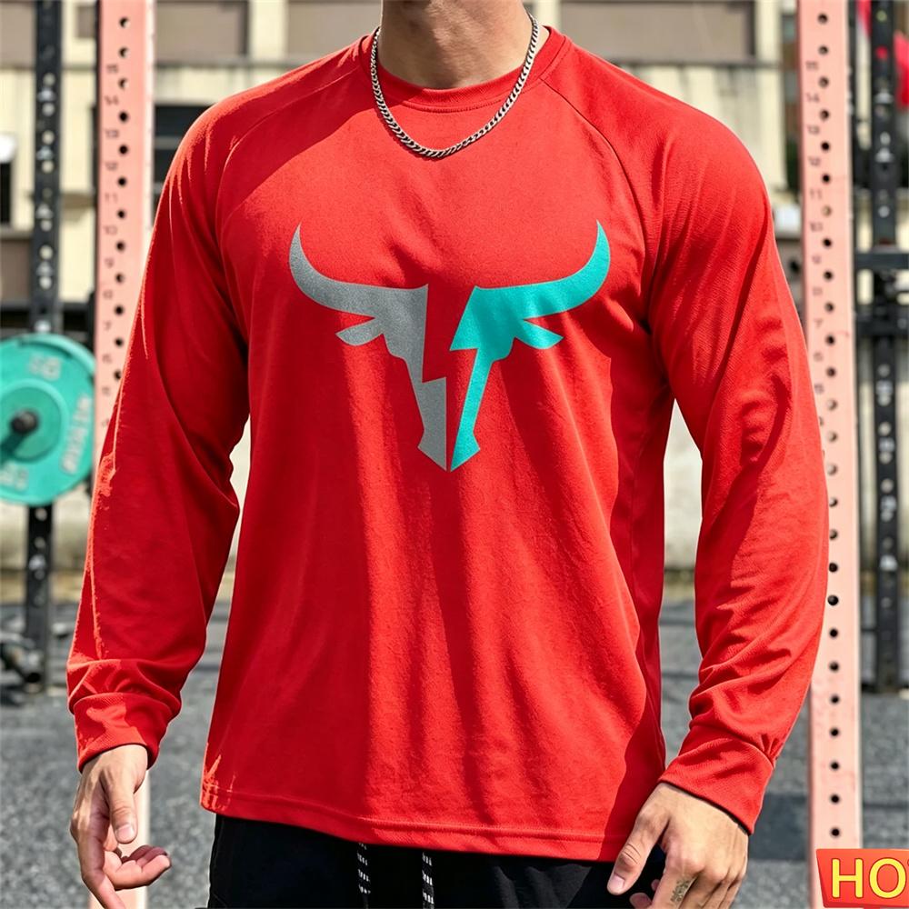 Autumn Men's Long sleeved T-shirt OX Head Men's Fitness T-shirt Polyester Elastic Sports T-shirt Breathable Graphic Gym T-shirt top