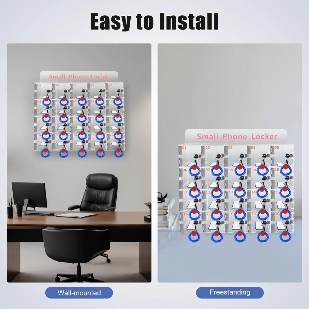 20 Slots Acrylic Cell Phone Storage Locker, Wall Mount Phone Holder Organizer with Lockable Key - Secure Mobile Phone Keeper Box