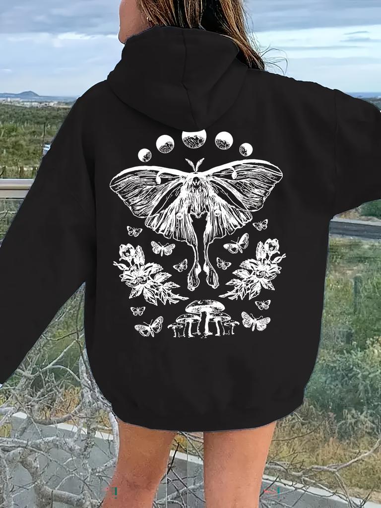 Women Moth Flowers Print Hoodie Unisex Autumn Winter Hooded Everyday Outdoors Hoodie for Any Occasion