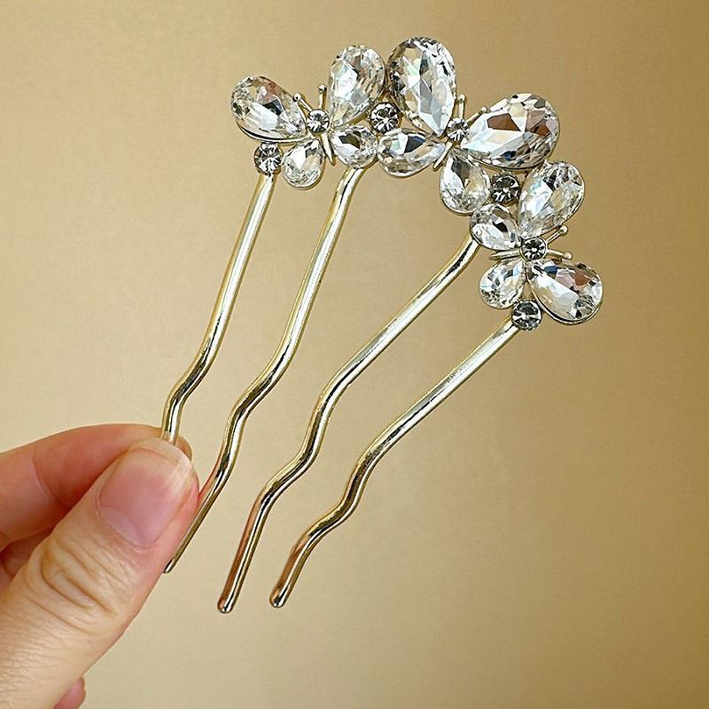 Pente de Cabelo Borboleta de Strass de Luxo para Mulheres Vintage Elegante Metal em Forma de U Flor Grampo de Cabelo Pentes Acessórios de Cabelo Coque