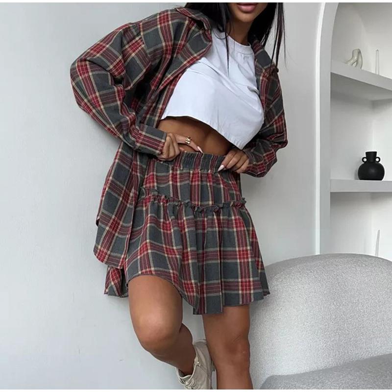 Loose Plaid Long Sleeve Shirt and Half Skirt Set Women's Versatile Turn-down Collar Wide Waist Belt 2025 Spring New