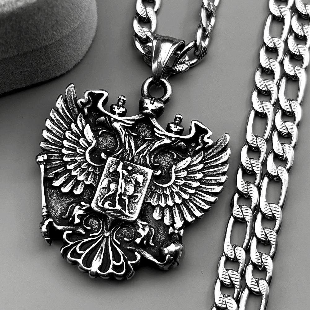 Russian Double-Headed Eagle National Emblem Symbol Pendant Necklace for Women Men Silver Color Stainless Steel Chain Jewelry