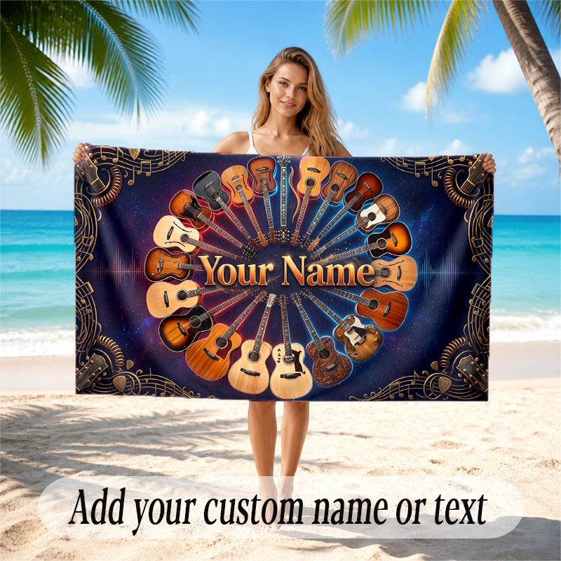 Music Guitar Theme Beach Towel Personalized Custom Name & Text Soft Quick Dry Beach Towel for Swimming Travel