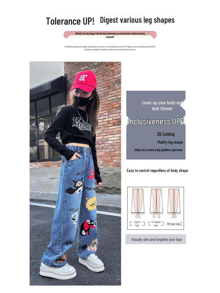 Girls' Cartoon Jeans - Spring/Autumn, Korean Style Loose Fit, Wide-Leg Trousers for Kids