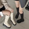 Stivali Punk con Plateau da Donna a Mezza Gamba Stivaletti Chunky con Plateau Neri Al Ginocchio Tendenza Moda Autunnale Pelle PU Stivali da Donna