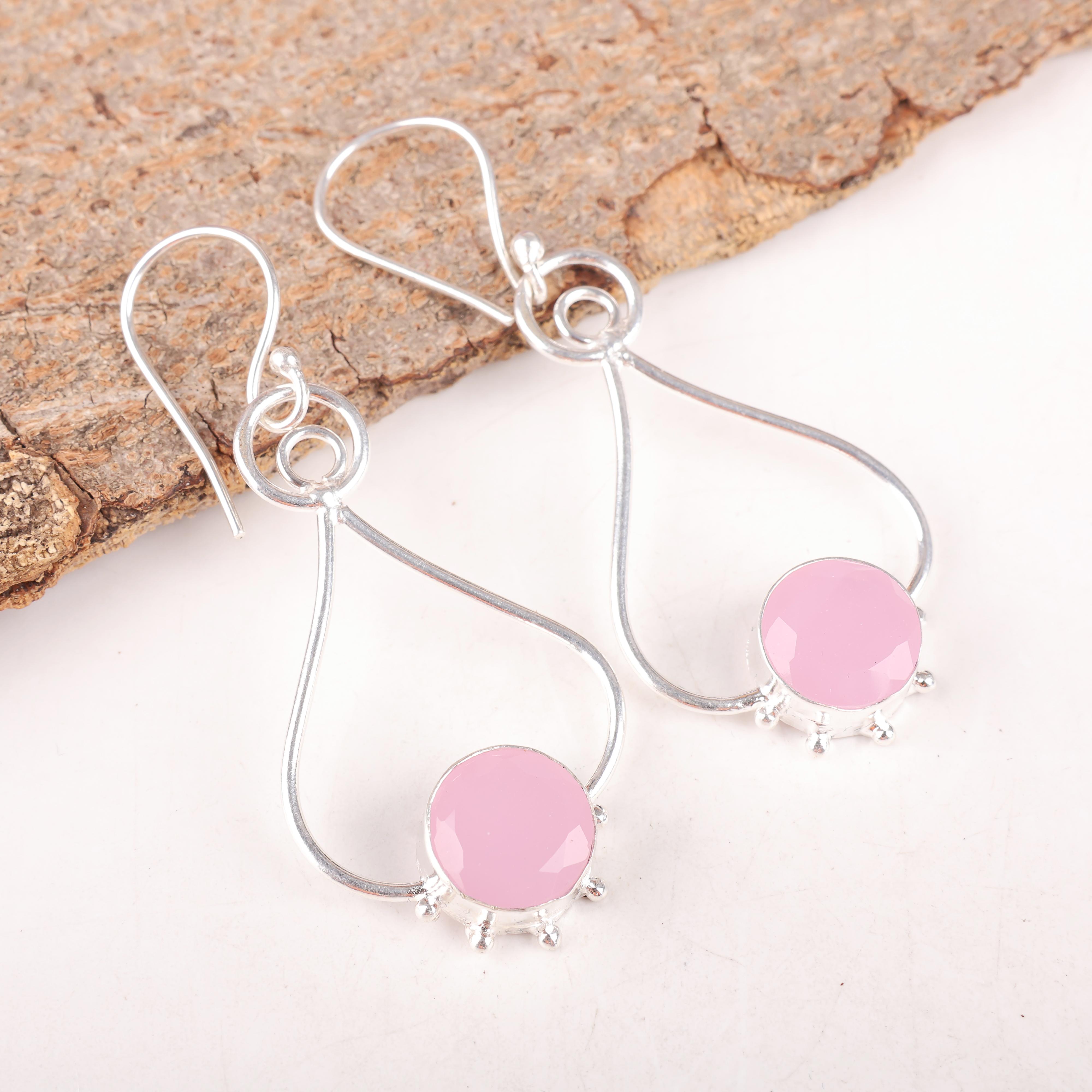 

Ювелирные изделия из розового халцедона, серьги из стерлингового серебра 925 пробы, великолепные серьги ручной работы в подарок для женщин 2.06 Inches розовый