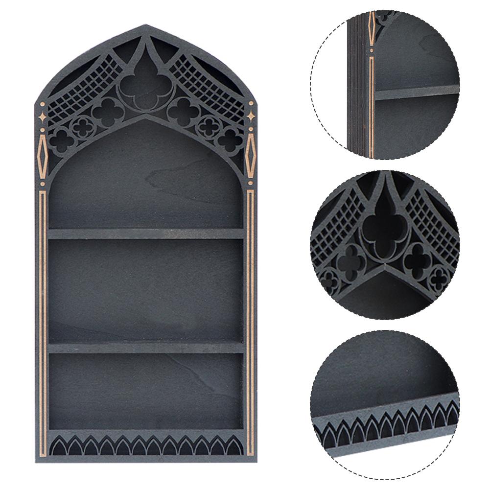 Wall Display Shelf Wood Church Window Design Stones Holder Black Wooden Shelf For Wall For Office Gothic Room Decoration