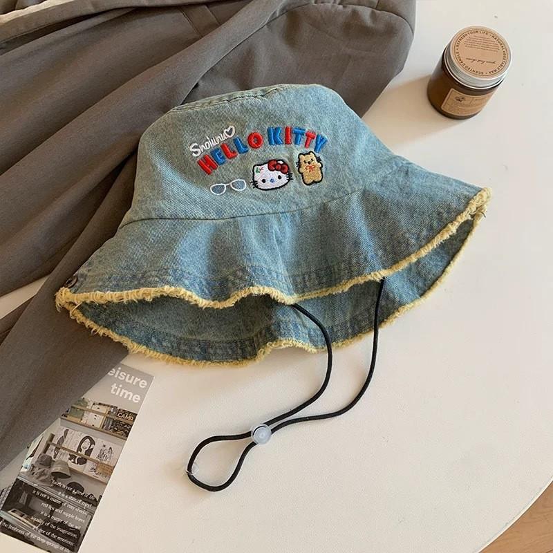 Hello Kitty Denim Fisher Hat With Wide Brim Sun Protection For Summer Outings