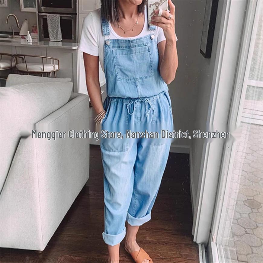 Damenmode Jumpsuit mit Kordelzug: Locker geschnittene Denim-Latzhose mit Schnürungsdetails