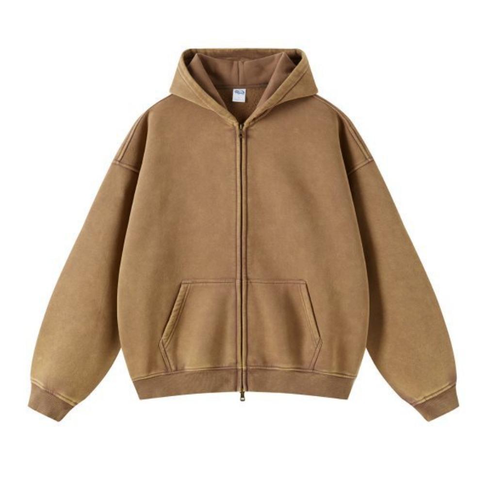 Vintage Distressed Double Zipper Hoodie Men Slightly Oversized Warm Jacket American Streetwear 2024 New