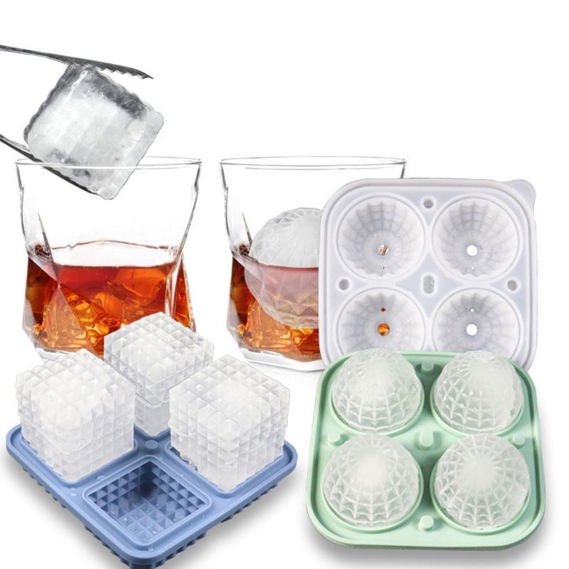 Ice Cube Tray for Freezers 4 Grid Silicone Molds Square Round Ice Makered for Whiskeys Cocktails Bar Tool Easy To Release