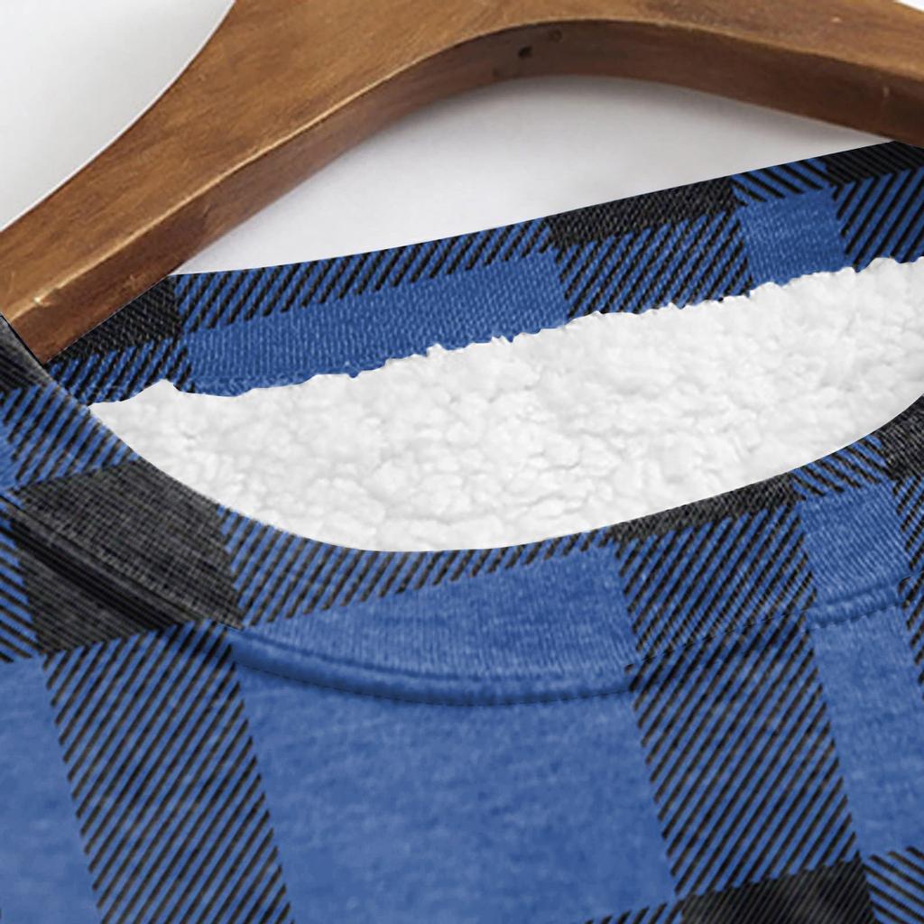 Women's Fashion Plaid Print Round Neck Long Sleeve Plush Winter Warm Pullover Top