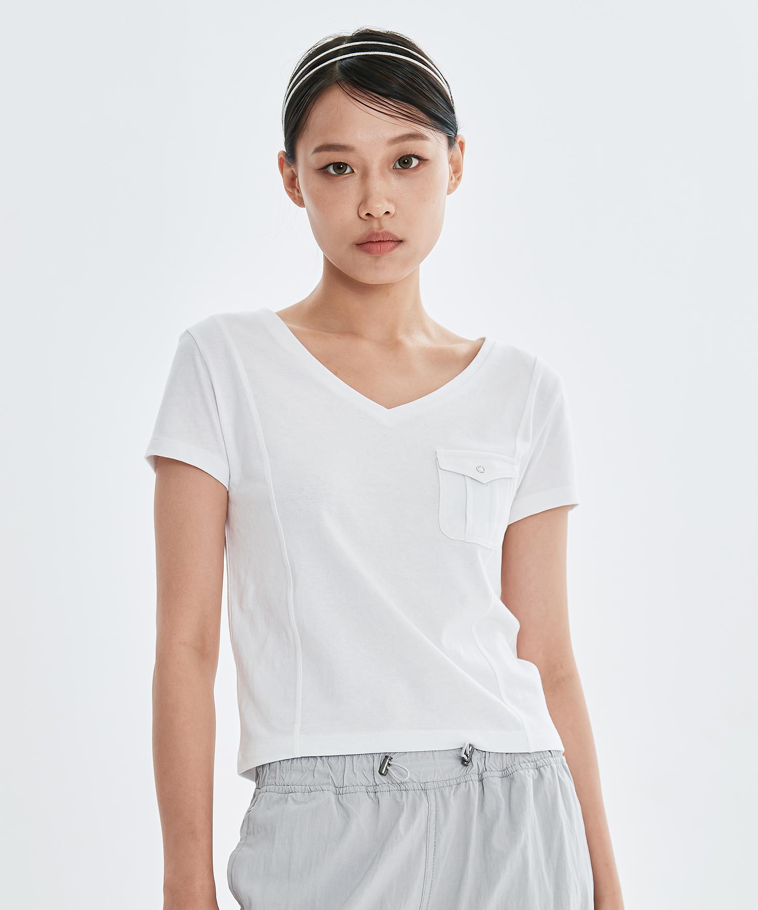 Dear Me Deep V-Neck Pocket T-Shirt [White] Note/S