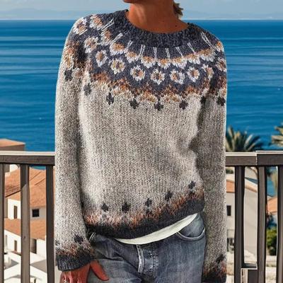 Damen Pullover Rundhals Langarm Patchwork Farbe Stricktops Lockerer Saum Bedruckte Strickwaren Winterkleidung