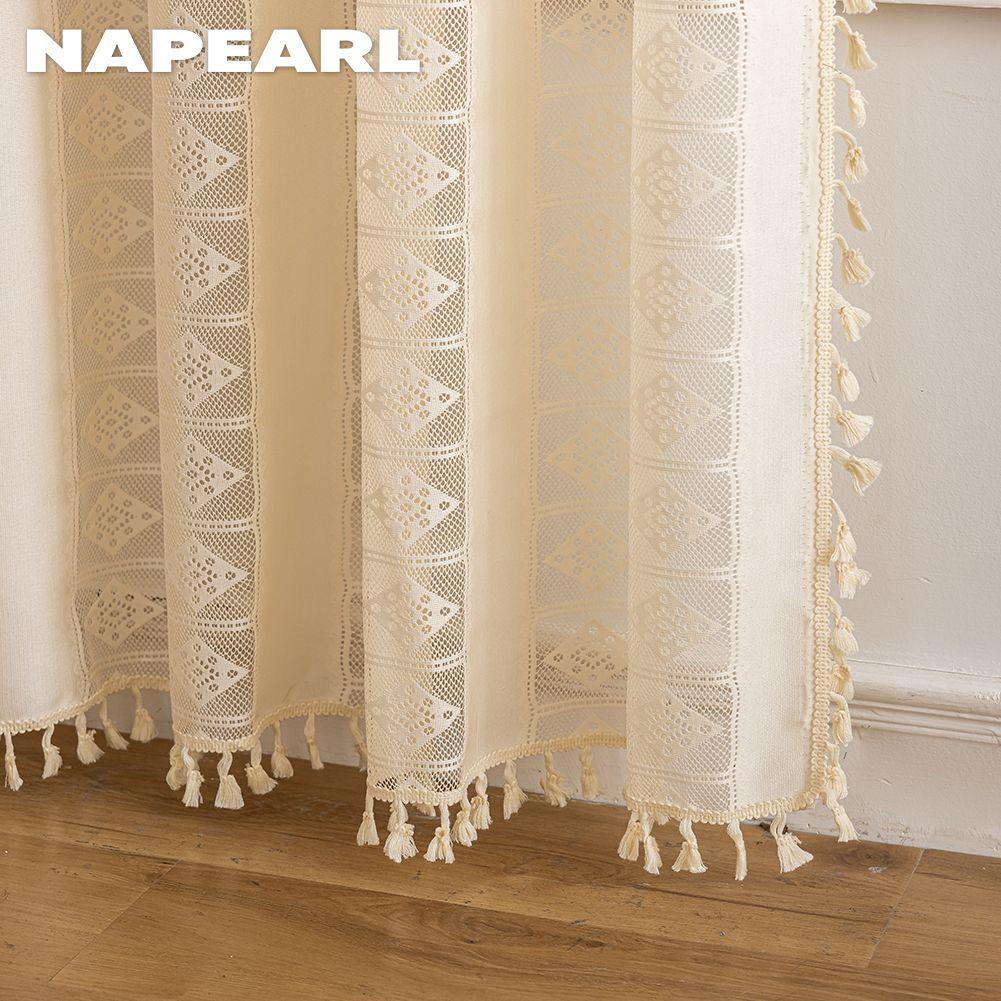 1PC NAPEARL Bohemian Style Jacquard Curtains Tassel Edge Rod Pocket Type Sheer Curtain for Living Room Bedroom Balcony Window Home Decor
