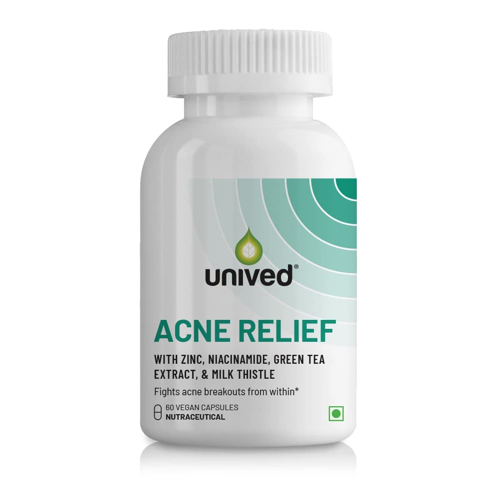 Unived Acne Relief | Acne Supplement Samengesteld om Acne van binnenuit te bestrijden | Zink, Niacinamide, Groene Thee, & Mariadistel | 60 Vegan Capsules, Eén Maand