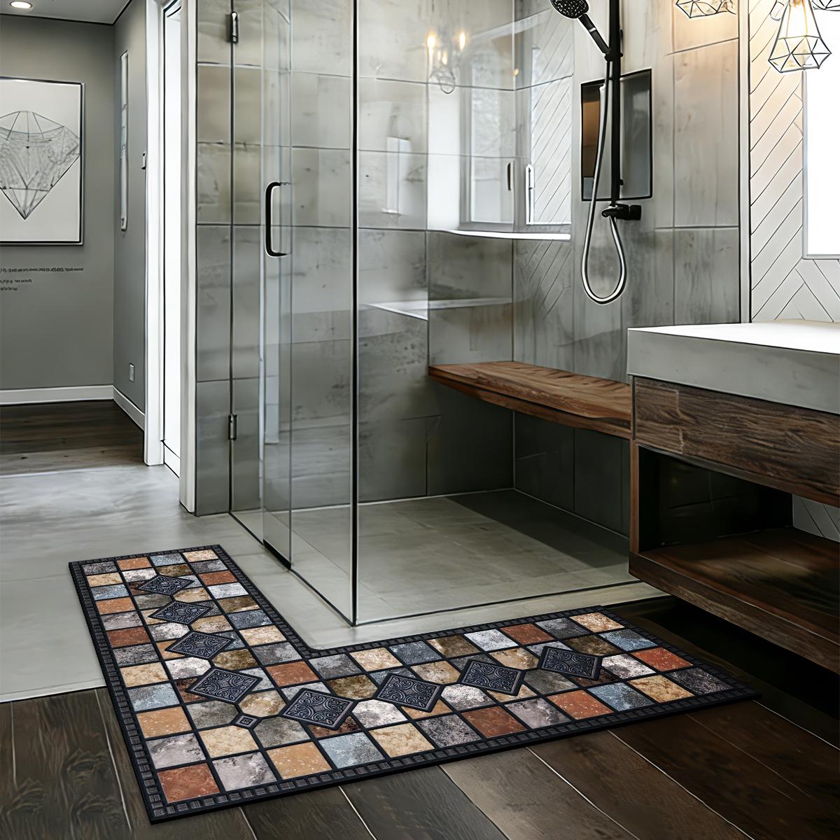 

L-shaped Faux Stone Patterned Bathroom Mat Diatomaceous Earth Shaped Absorbent Mat for Shower Room Entrance Toilet Anti-slip Mat 75x75x45cm