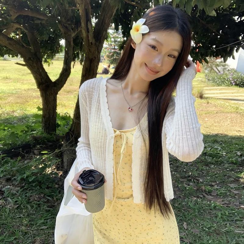 Summer 2026 Korean Style Floral Maternity Camisole Dress with Sun Protection Cardigan - Slimming Two-Piece Set M