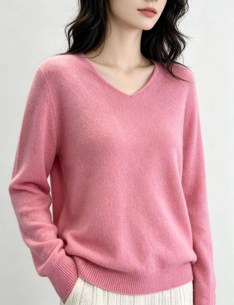 Women's 100% Pure Wool V-Neck Loose Knit Sweater - Solid Color Autumn/Winter Basic Layer