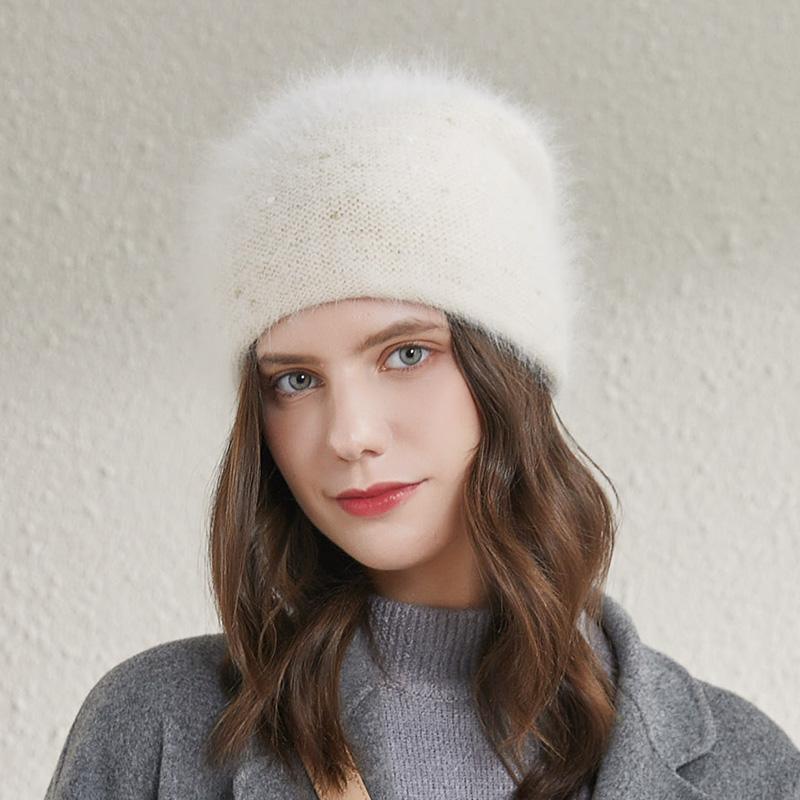 RTS Stock Winter Womens Knit Hats Angola Wool Warm Knitted Beanie Custom Colored Thread Ski Hat Fluffy Skull Hat