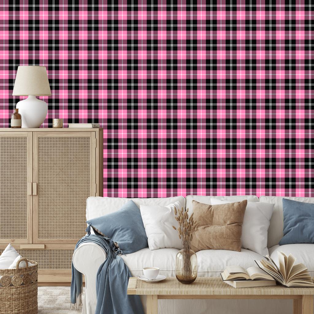 Pink Plaid Wallpaper, Purple, Powder Pink and Black, 50x1000