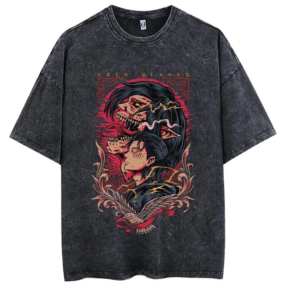 

Attack on Titan T Shirts Anime Vintage Washed Comfortable T-shirts Casual Loose T Shirt Male Cotton Tshirt L