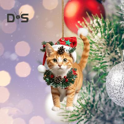 Christmas Cat Pendant 2D Acrylic Hanging Ornament Santa Hat Cat Car Rearview Mirror Charm Tree Decoration Gift for Cat Lovers