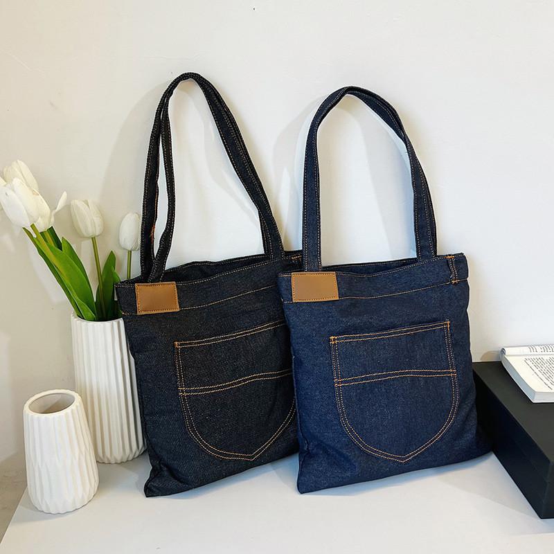Denim Shoulder Bag Large Capacity Shopping Tote With Zipper For Daily Use
