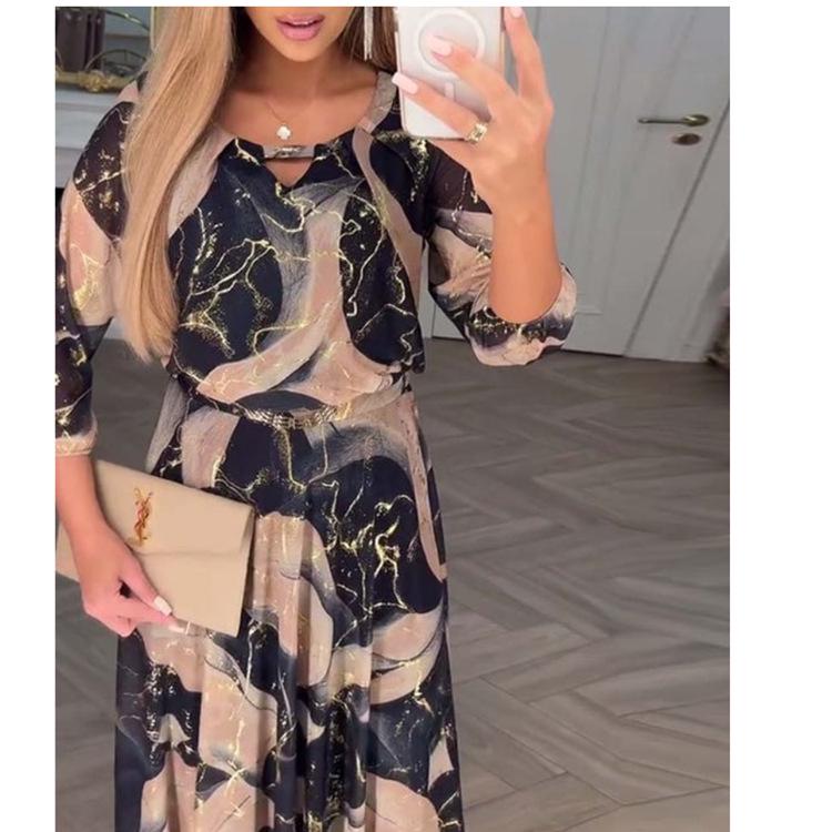 2025 Elegantní šaty s potiskem, sedmirukávové, s řasením v pase pro ženy
