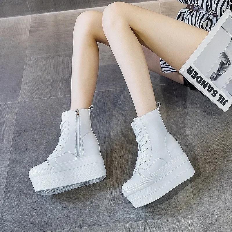 Autumn Genuine Leather 10CM  Super Thick Sole Platform Wedge Hidden Heel Boots Shoes Zipper Winter Boots Ankle Warm Booties