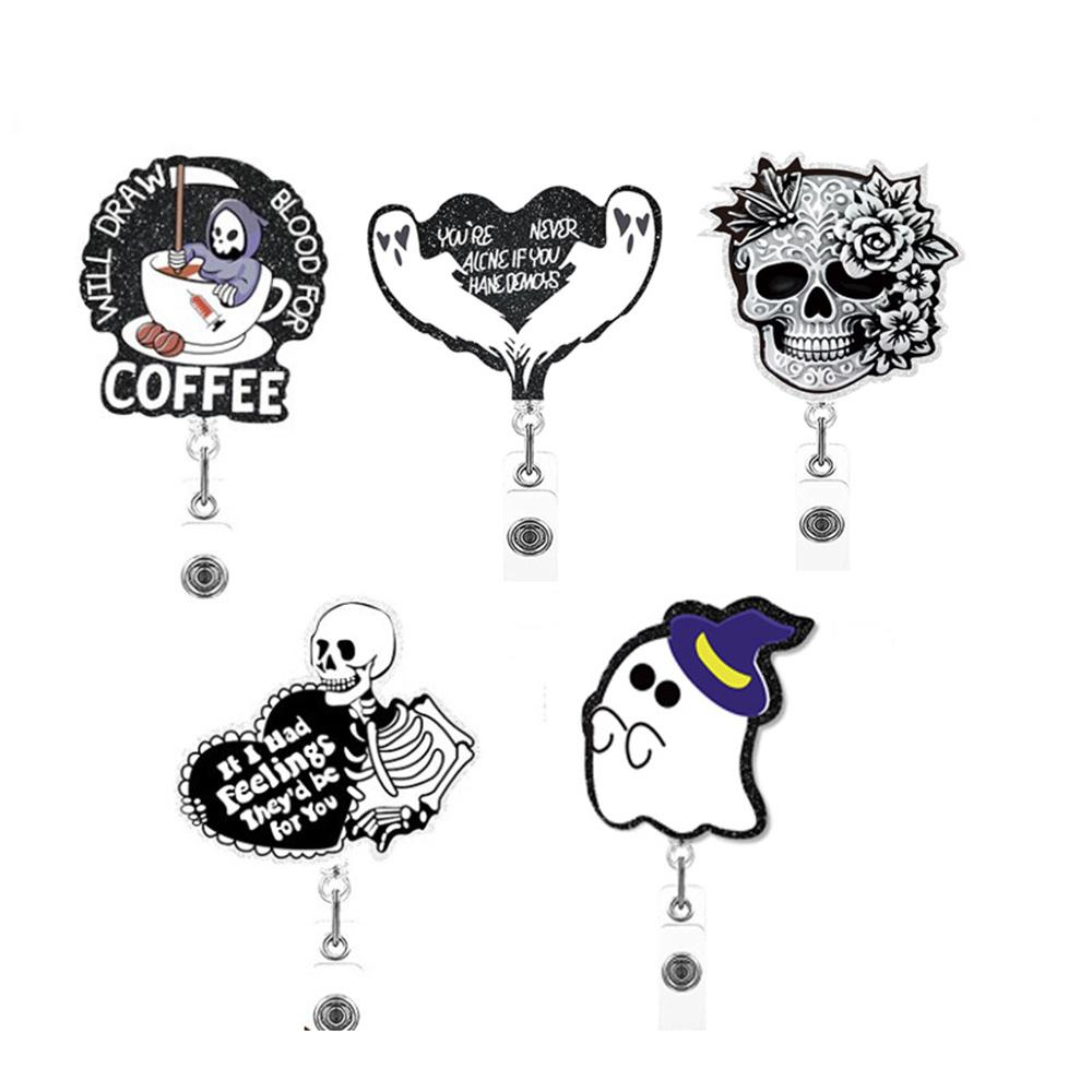 Halloween Chest Skeleton Coffee Retractable Badge Reel For Nurse Doctor Card Holder Accessories Supplies Name Card Clips Gift