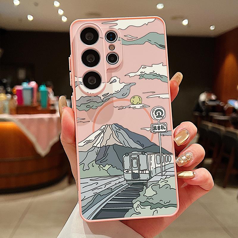 Magnetic For Magsafe Case For Samsung Galaxy S26 Ultra S25 Edge S24 Plus S23 FE S22 A54 A55 A56 5G Anime Landscape Train Pattern Matte Cover