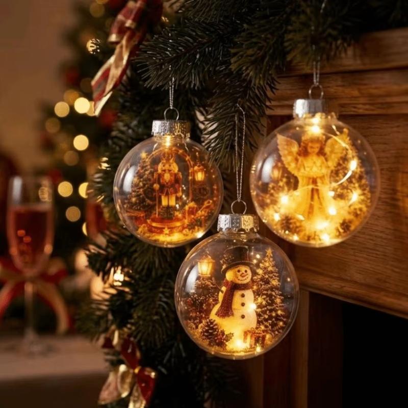 1Pcs Santa Claus Themed Clear Plastic Christmas Ball Ornament Led Light Hanging Decor For Christmas Tree Party Decoration