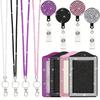 Bling ID Holder with Lanyard Rhinestone Decorated Elegant Design Shiny Finish Badge Reel Retractable Lanyard Easy Pull Buckle