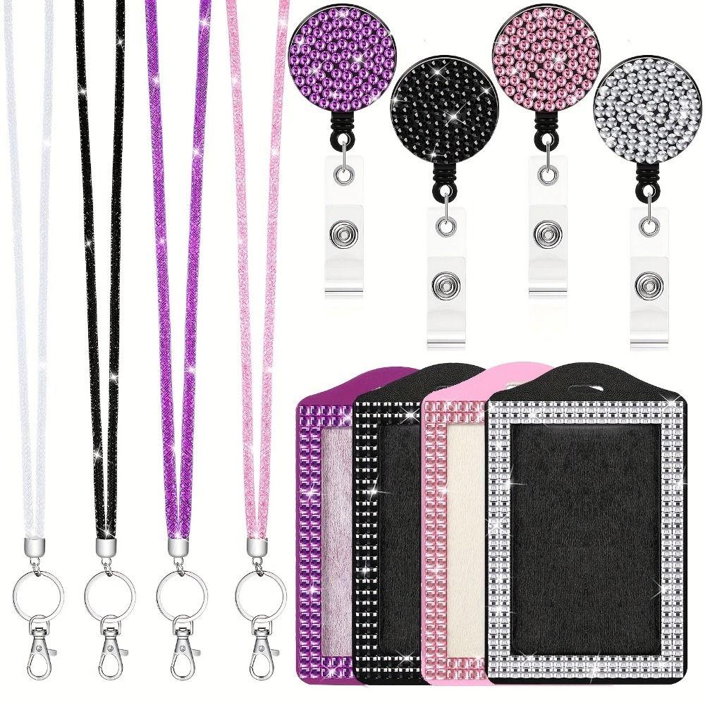 Bling ID Holder with Lanyard Rhinestone Decorated Elegant Design Shiny Finish Badge Reel Retractable Lanyard Easy Pull Buckle