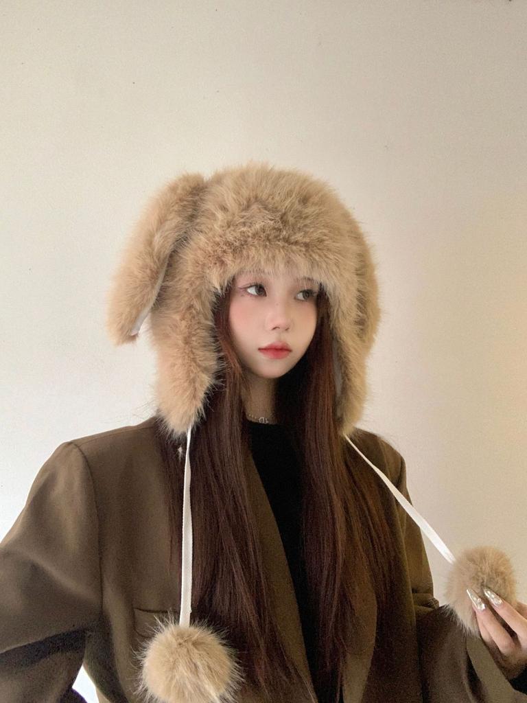 New plush cute rabbit ears Lei Feng hat women's winter versatile outdoor skiing warm ear straps