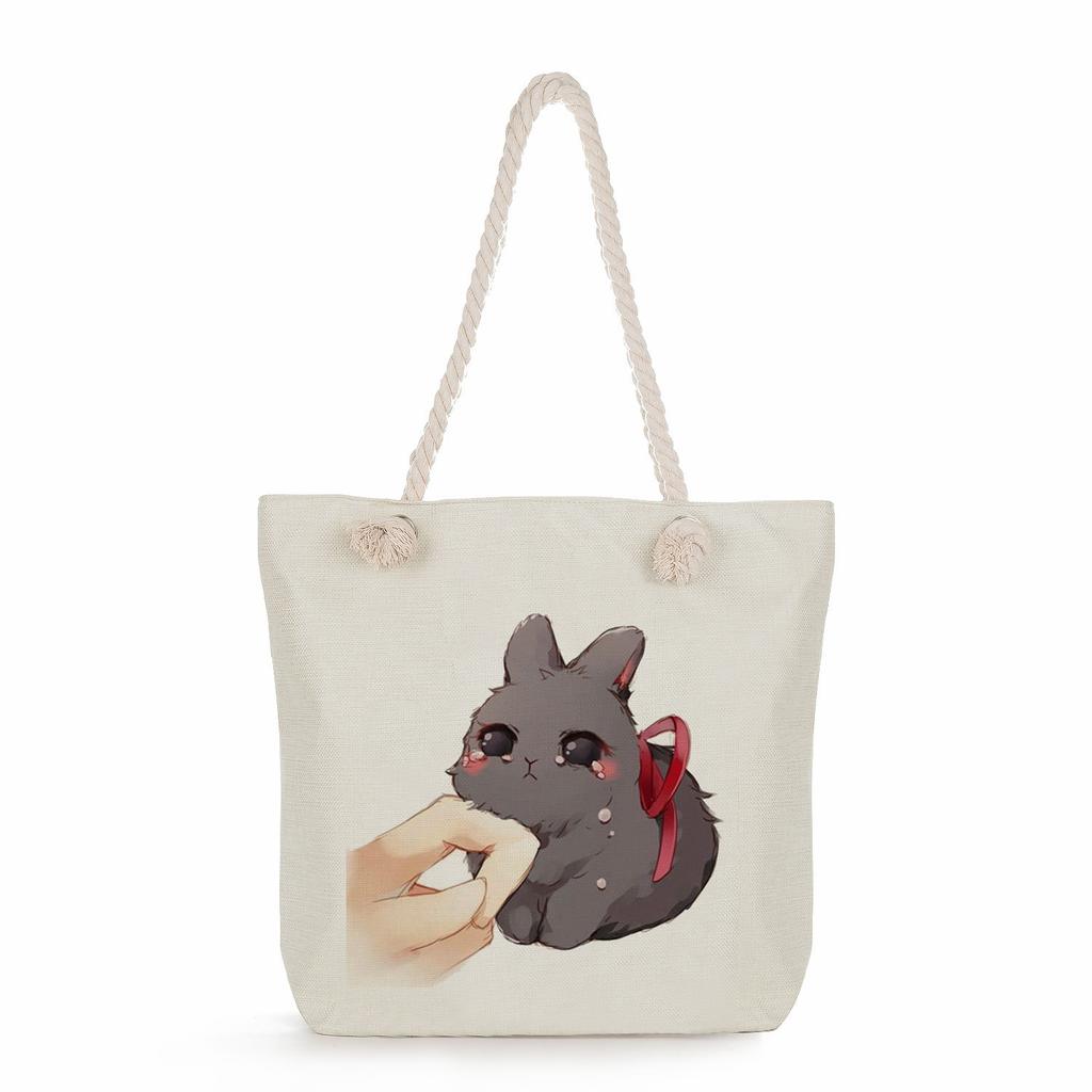 Sac de plage à bandoulière unique en corde épaisse avec imprimé lapin créatif 7247 CLE