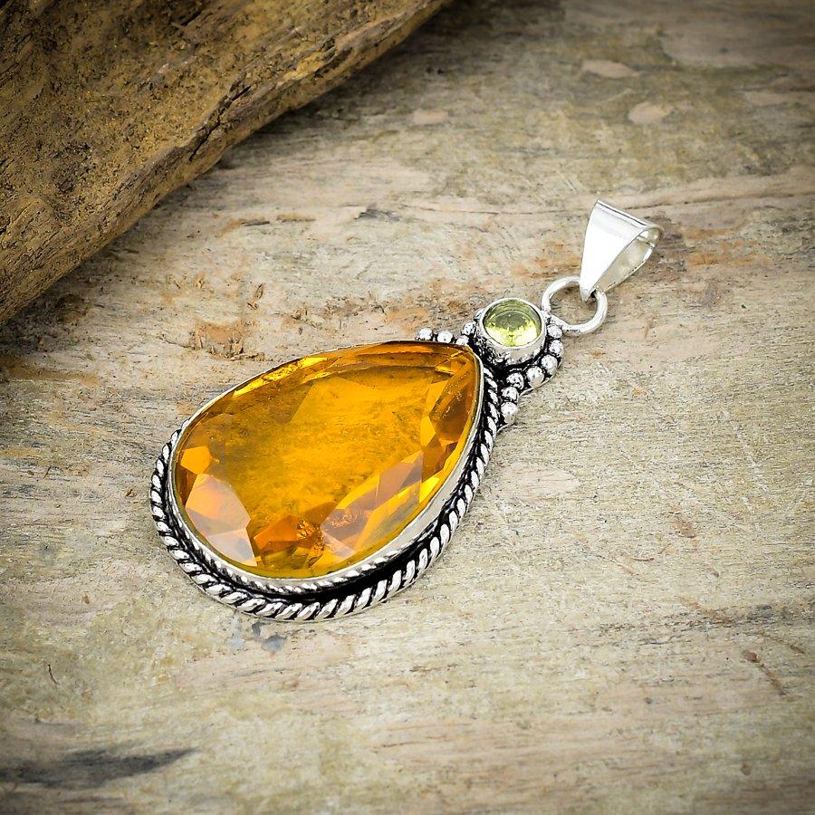 Honey Topaz, Citrine Gemstone 925 Sterling Silver Jewelry Pendant 2.48" M-192