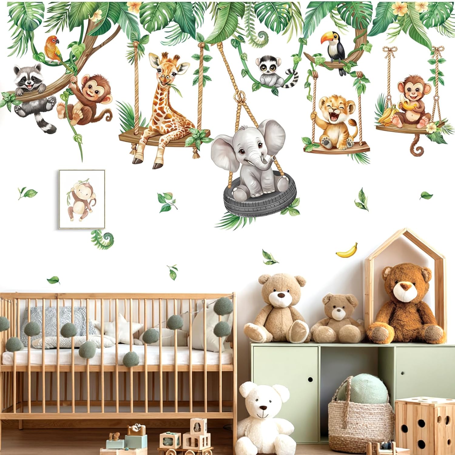 Safari Dieren Muurstickers - Olifant Giraf Aap Aan Schommels Tropische Bladeren Decor Voor Kinderkamer Babykamer United States