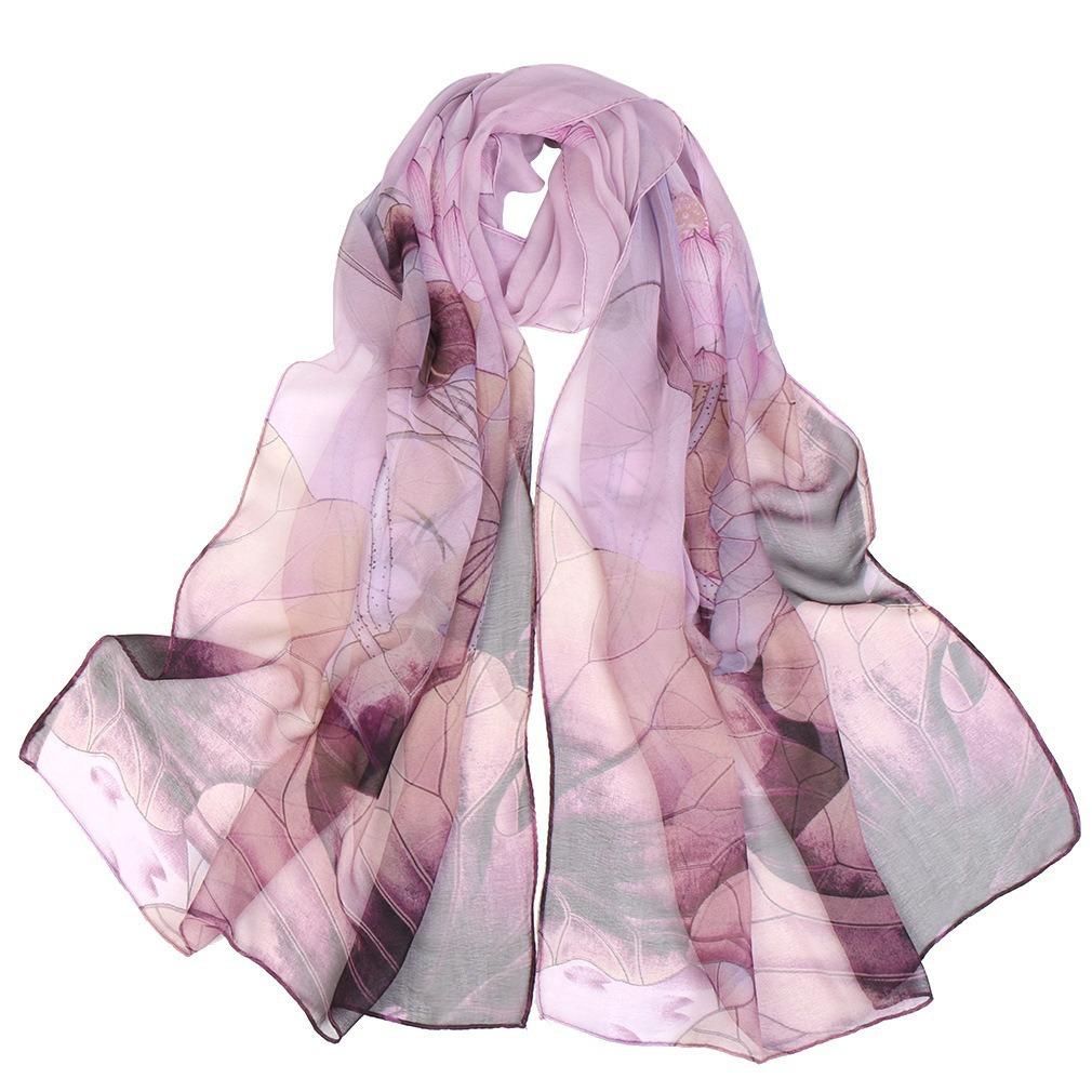 Lotus Geogette Medium-Long Silk Printed Scarf Summer Sunscreen Shawl Mom Gift Style Dance Versatile