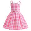 Children Cosplay Movie Clothes Princess Dress Girls Suspender Plaid Waist Fashion Pink Long Dresses with Bow Hair Accessories