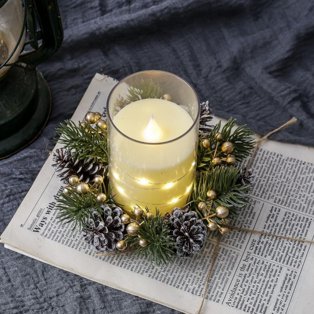 Christmas Candle Ring Artificial Pine Needle Pinecone Berries Garland Rustic Festive Candle Wreath for Home Table Decor