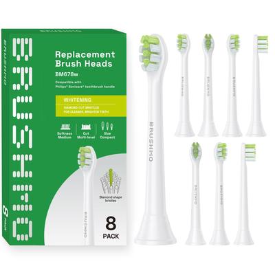 Jetzt in Zahnarztpraxen in Brushmo erhältlich, kompatible Ersatz-Zahnbürstenköpfe für Philips Sonicare elektrisch. Enthält 8 DiamondClean Premium Mini-Bürstenköpfe.