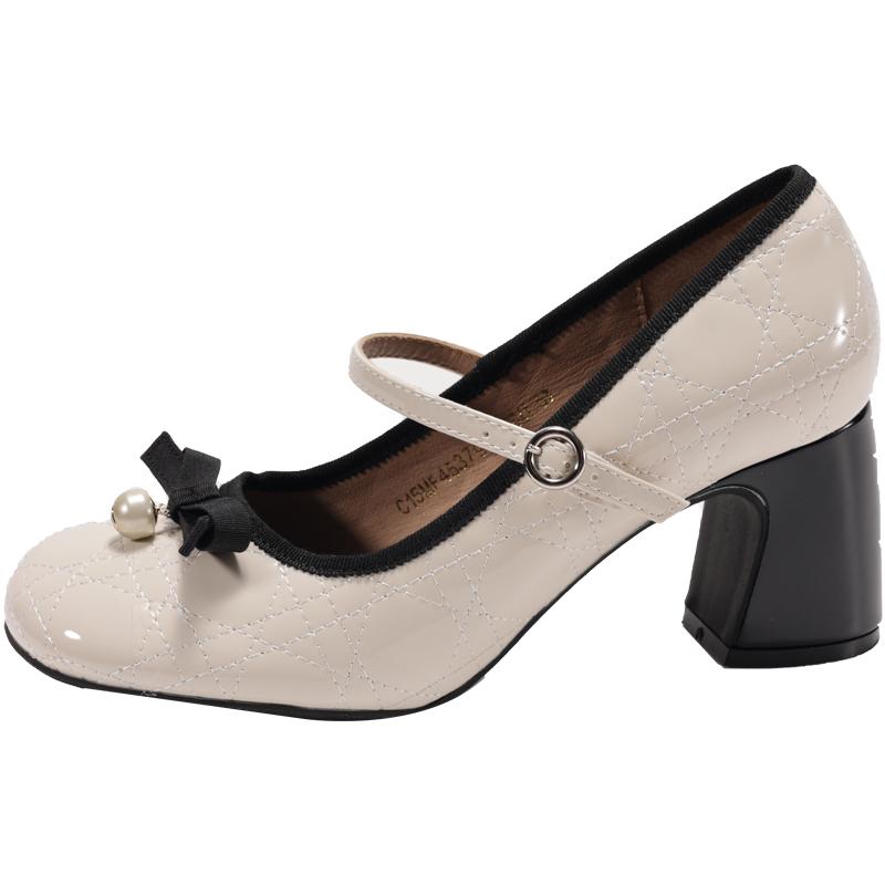 Fashion Spring New Coarse Heel Single Shoes Women Round Head Shallow Mouth Butterfly Knot Line with Anti-slip Wear-resistant High Heels