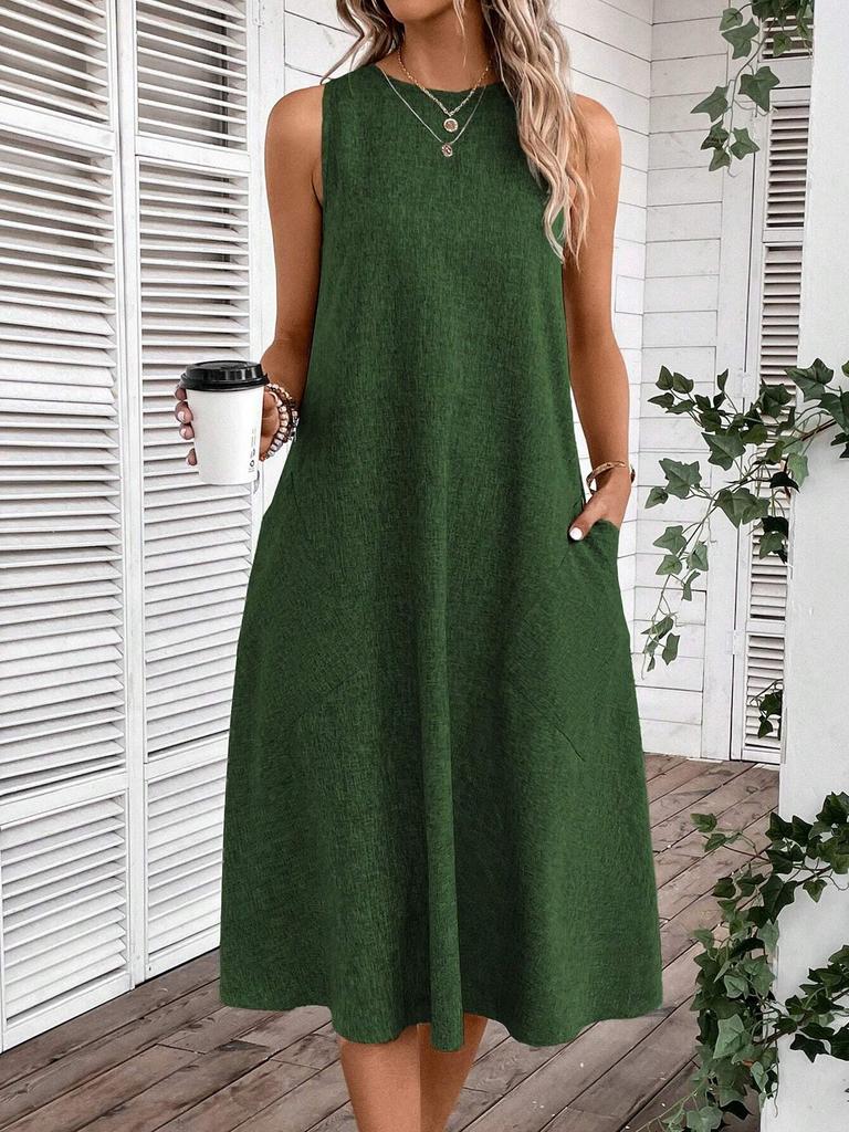 Women's Round Neck Sleeveless Midi Dress Loose Fit High Waist Casual A-Line Dress With Pockets