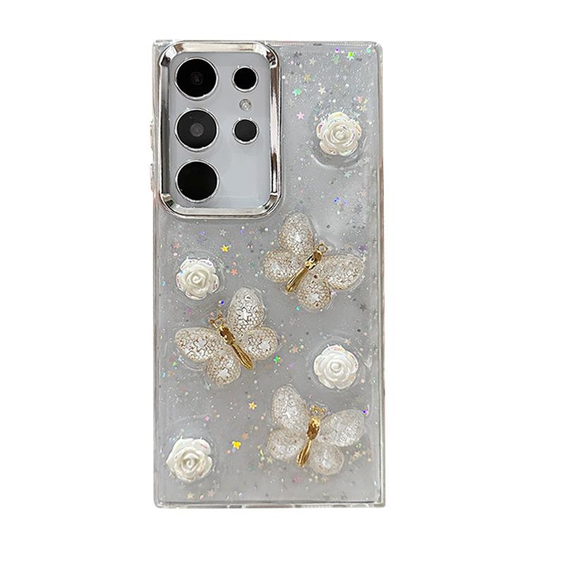 Three-Dimensional Advanced Sense Rose Butterfly Epoxy Mobile Phone Case For Samsung S25Ultra Transparent S24 Glitter A16