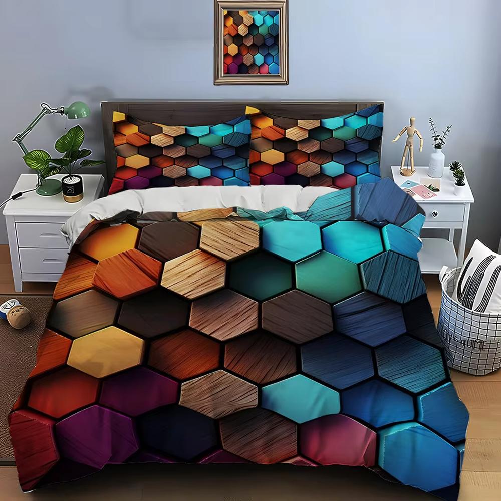 3D Honeycomb Square Gradient Color Printing Duvet Cover Queen King Size Suitable For Adult Children Bedding Set 3 Pcs No Quilt