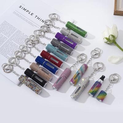 Exquisite Bottom Refillable Keychain Bottle 5ml Crystal Key Ring Atomizer Rhinestone Portable Spray Bottle For Travel